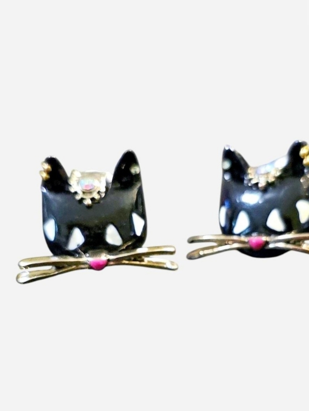 Vintage Betsey Johnson Black Cat Face Stud Earrings w/Gold Whiskers & Pink Nose